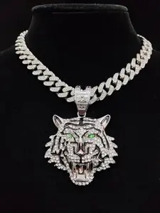 Hip Hop Luxury Rhinestone Tiger Shaped Pendant Necklace for Men & Women, Summer Chunky Cuban Chain Necklace, Streetwear Necklace, Cuban Link Chain, Gift for Girlfriend