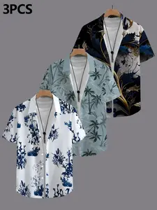 3-Pack Men's Casual Hawaiian Tropical Style Shirts, Summer Beach Fashion Short Sleeve Tops, Comfortable and Stylish Clothing Set