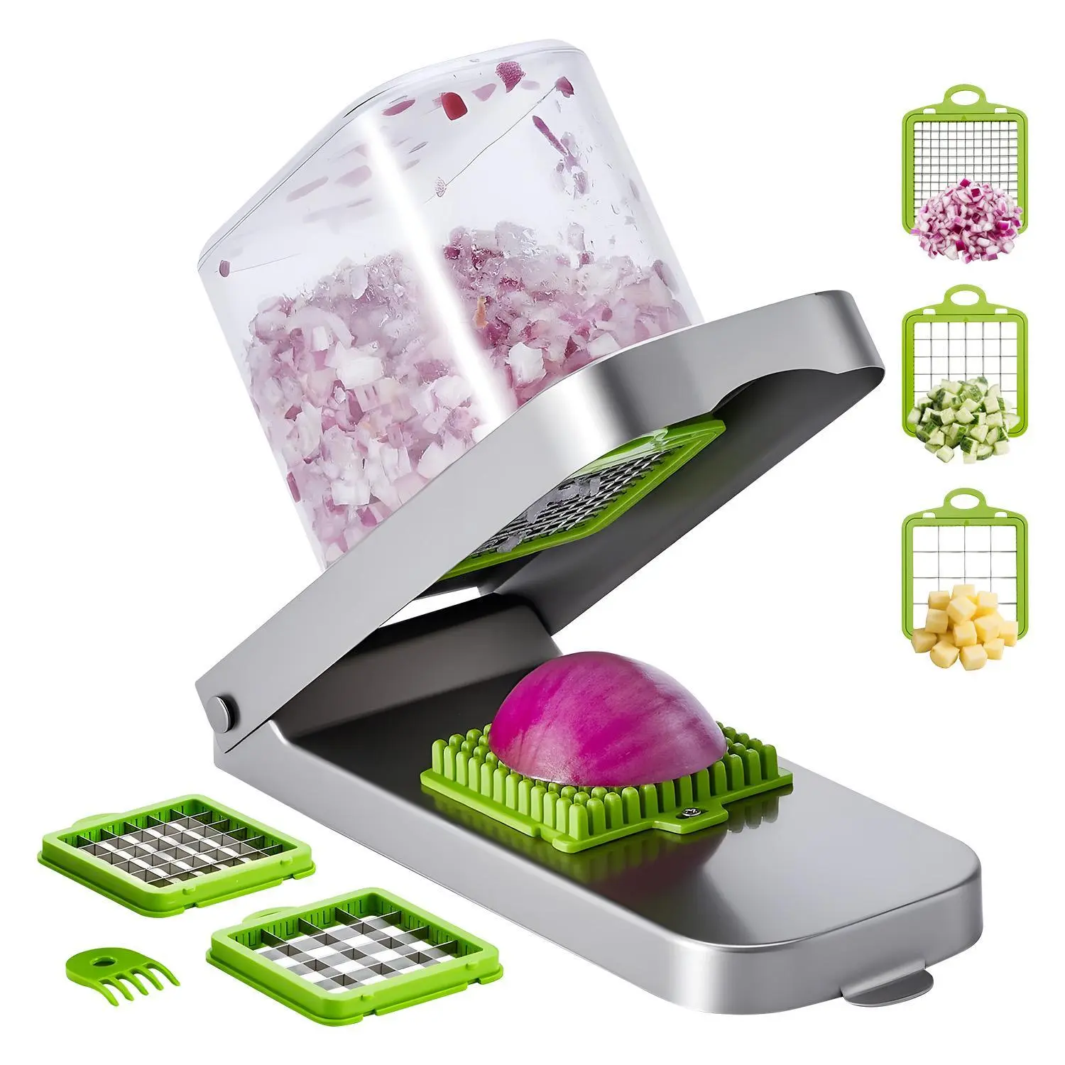 【Summerfinds】VEVOR Vegetable Chopper,  , Food Veggie Cutter with 3 Stainless Steel Blades, Onion Slicer with Container, Salad Potato Dicer Kitchen Gadgets & Essentials Home Appliances Tools for Easy DIY, Silver