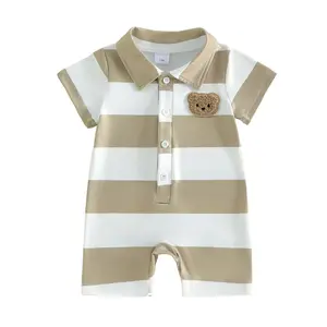 Newborn Outfits Baby Boy Clothes Summer Short Sleeve Knitted Stripe Bear Embroidery Zipper Romper Jumpsuit