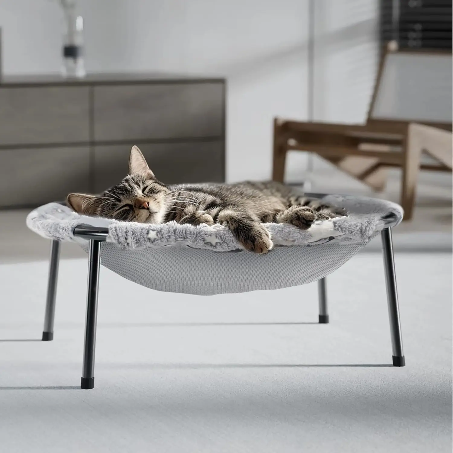 Elevated cat bed, luminous fabric cat hammock, suitable for large indoor cats, machine washable and breathable cover, easy to assemble without tools, can support up to 66 pounds (gray, size L)