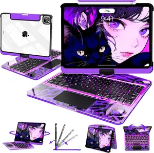 NAIDUN Latest 360 Swivel Keyboard with Y2K Style Transparent Case for iPad Tablet Accessories Purple Smart Mini Keyboard with Backlit Keys Slim Mini