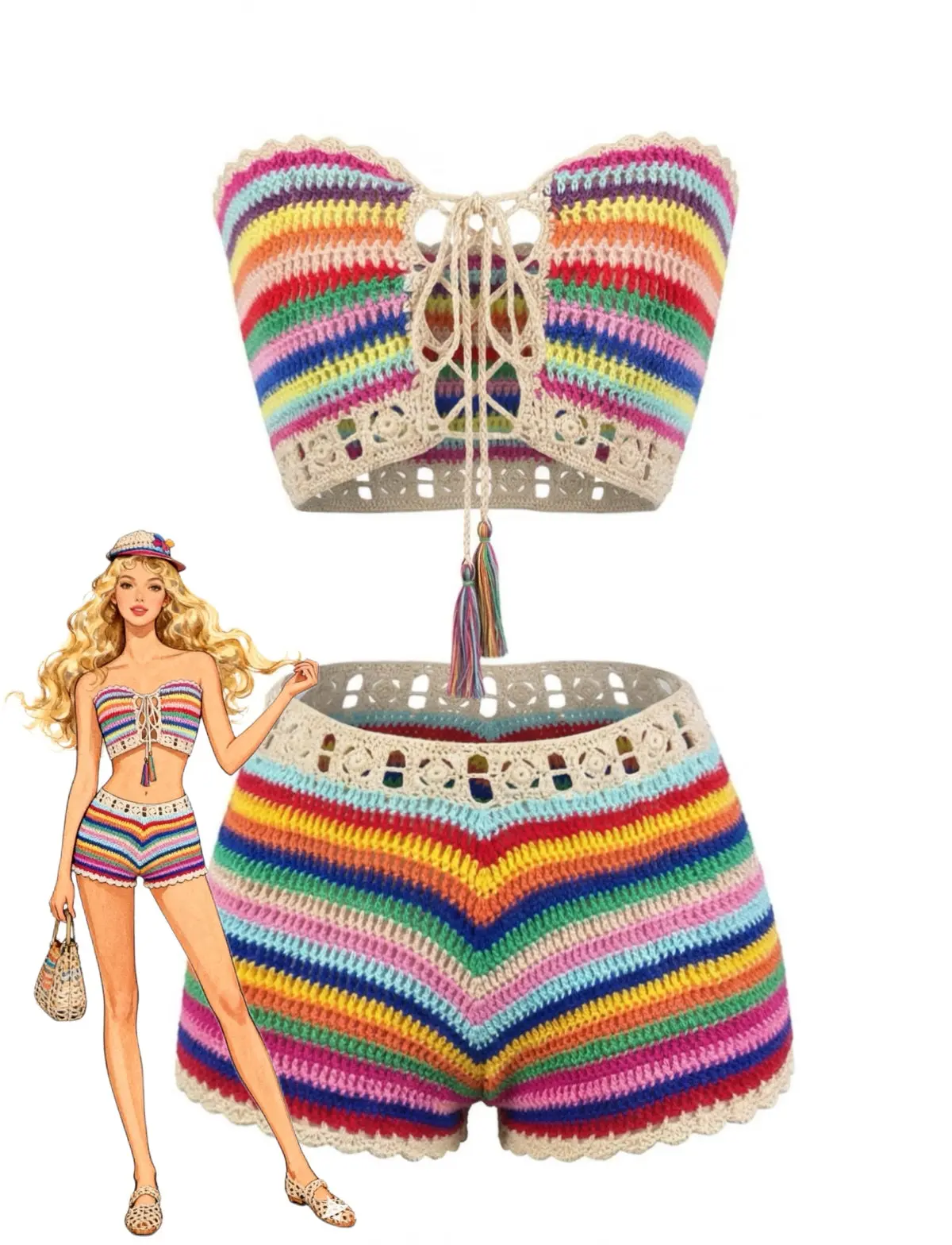 1970s Rainbow Striped Crochet Bandeau Bikini Set vacation swimwear for women cute summer outfits 1970s Rainbow Striped Crochet Bandeau Bikini Set vacation swimwear for women cute summer outfits