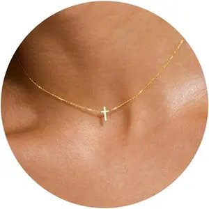 Cross Necklace for Women, Dainty Gold Necklace 14k Gold Plated Cutel Cross Pendant Necklace for Women Simple Small Gold Cross Necklaces Aesthetic Gold Jewelry for Women