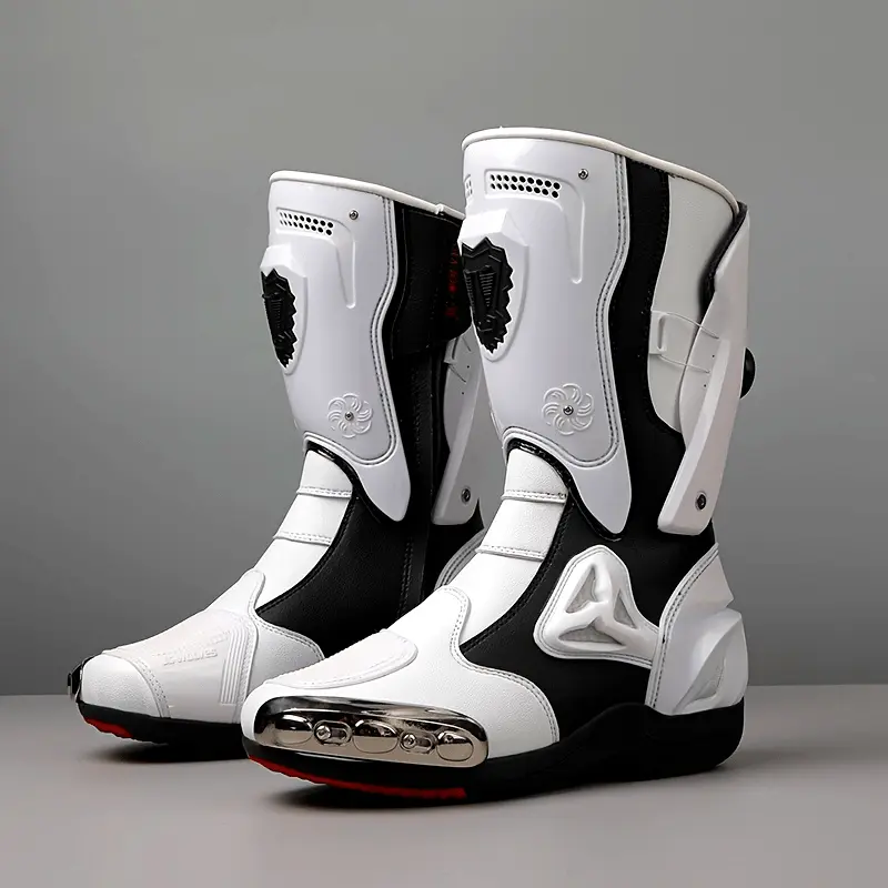 High-Top Leather Motorcycle Boots, Men's Athletic Riding Footwear with Protective Rubber Soles for Outdoor Road Racing, Men's Shoes, Outdoors, Protective Sole, Closed