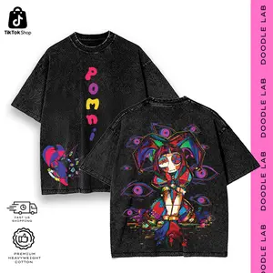 Pomini x The Amazing Digital Circus Oversized Graphic T-Shirt Acid Wash Tee For Men | Premium Heavyweight Cotton Vintage Streetwear Top for Men | Grey Black Pink Apricot