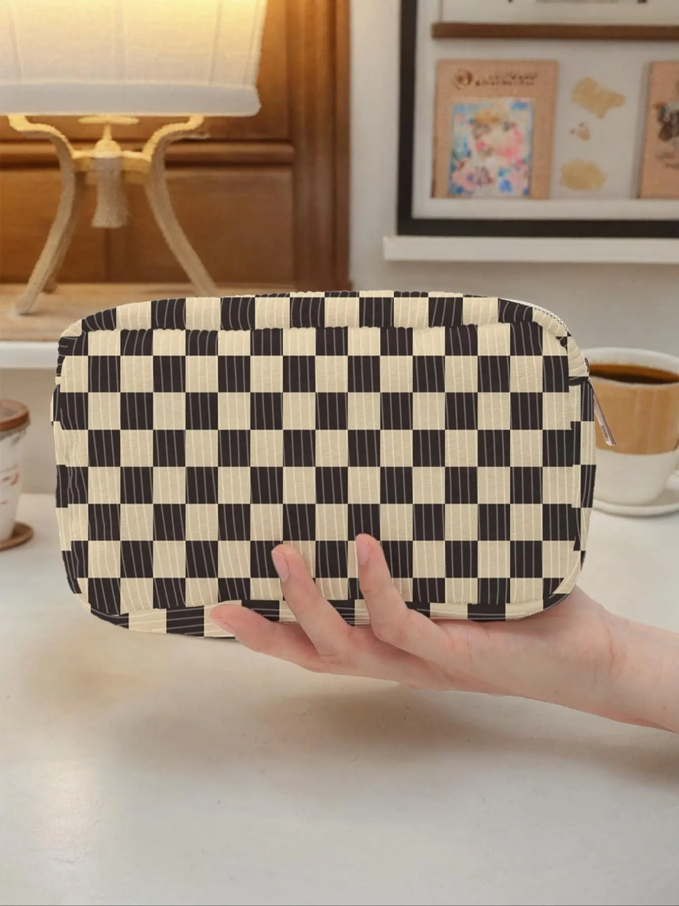Checkerboard Pattern Makeup Bag, Multi-functional Fashion Corduroy Makeup Bag, Lightweight Travel Cosmetic Storage Bag, Suitable for Leisure Travel and Various Occasions, Checkerboard Purse, Zipper Purse, Casual Zipper Purse
