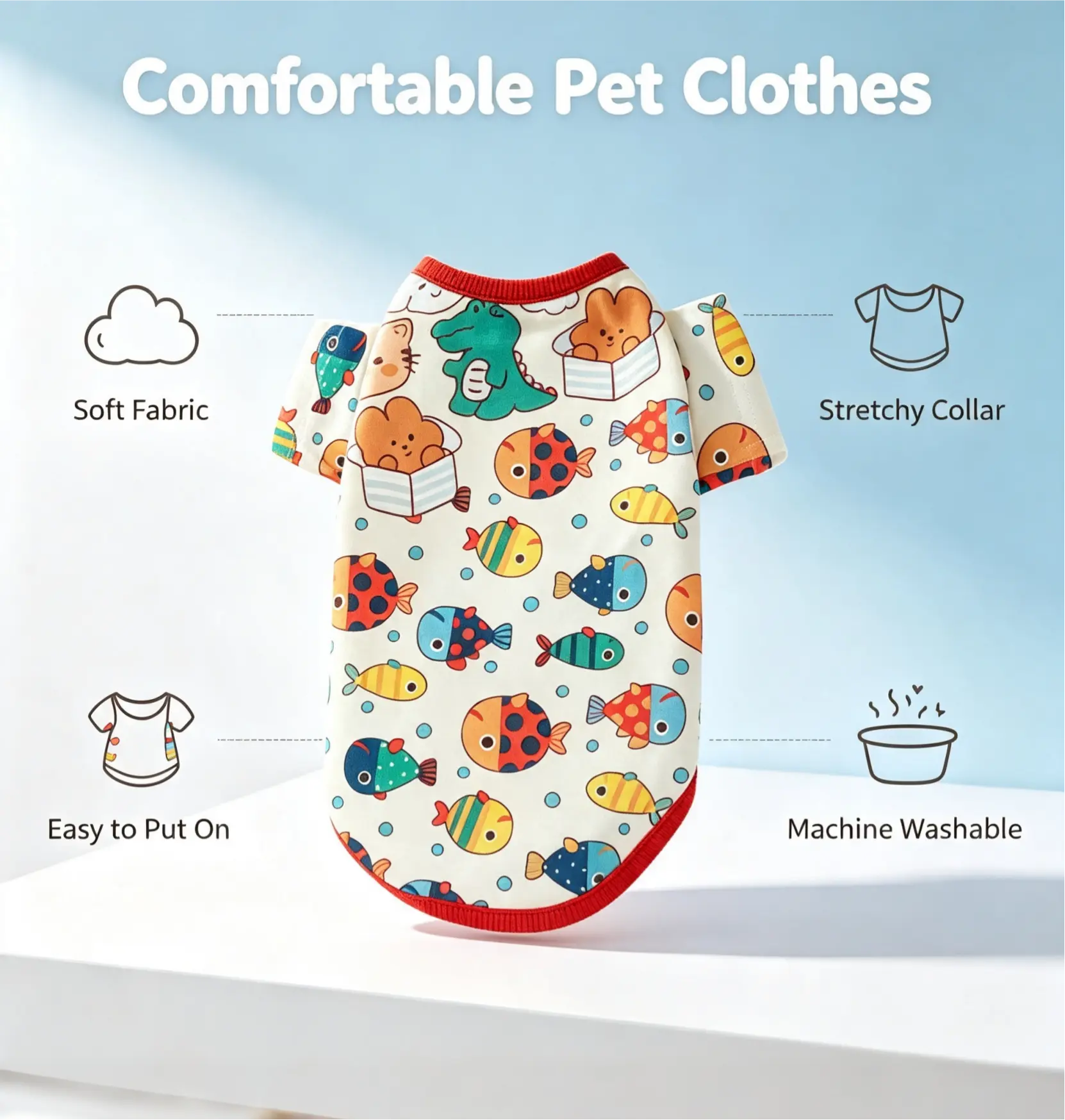 Cotton Blend Cooling Pet T-Shirt for Small Cats & Dogs (11-15 lbs) - Full Stretch, Breathable, Elastic Neck, Soft Ocean Fish/Kawaii Printed Tee for Indoor Daily Wear, Easy On & Off, Cooling Wear