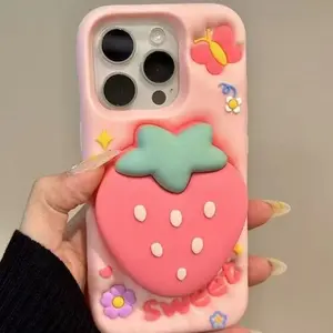 INS 3D Strawberry Flower Stand iPhone 17 Pro Max Case for Apple 15 14 13 16p Soft Silicone Protective Cover