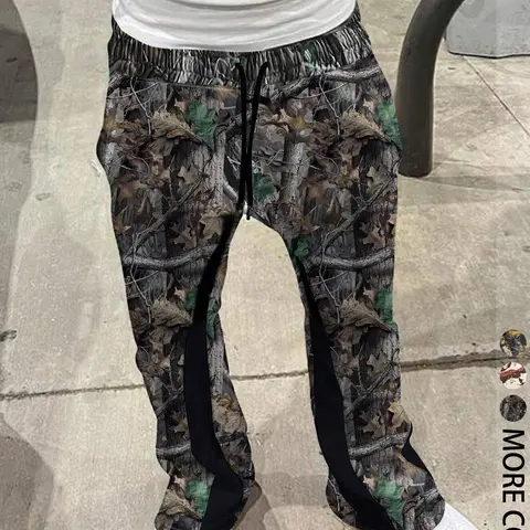 Men's All Over Print Patchwork Drawstring Waist Flare Leg Pants, Casual Fit Drawstrings, Regular Fit Casual Comfy Pocket Trousers for Fall & Winter, Casual Fashion Trousers, Casual Loose Pant, Casual Wear Bottoms