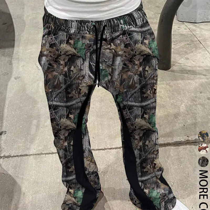 Men's All Over Print Patchwork Drawstring Waist Flare Leg Pants, Casual Fit Drawstrings, Regular Fit Casual Comfy Pocket Trousers for Fall & Winter, Casual Fashion Trousers, Casual Loose Pant, Casual Wear Bottoms