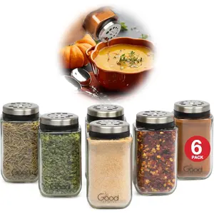 Good Cooking Adjustable Glass Spice Jars (Set of 6) with 6 Pouring Sizes - Square Seasoning Bottle Containers for Kitchen Pantry Storage Organization