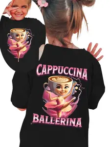 Kids "CAPPUCCINA BALLERINA" Double-Sided Coffee Cup Ballerina Graphic T-Shirt - Short Sleeve Crew Neck Girls Ballet & Coffee Lover Tee