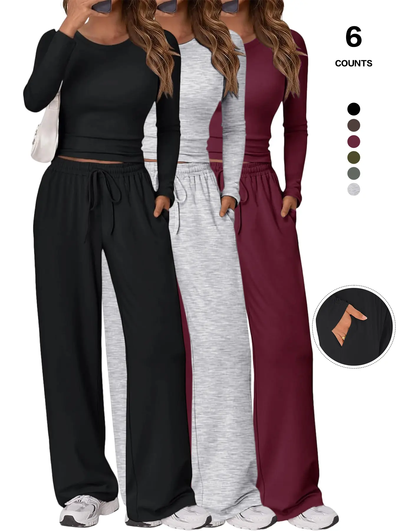 2026 Women's Two-Piece Loungewear Set, Soft Long-Sleeved Round-Neck Fitted Crop Top, Drawstring High-Waisted Wide-Leg Pants with Pockets