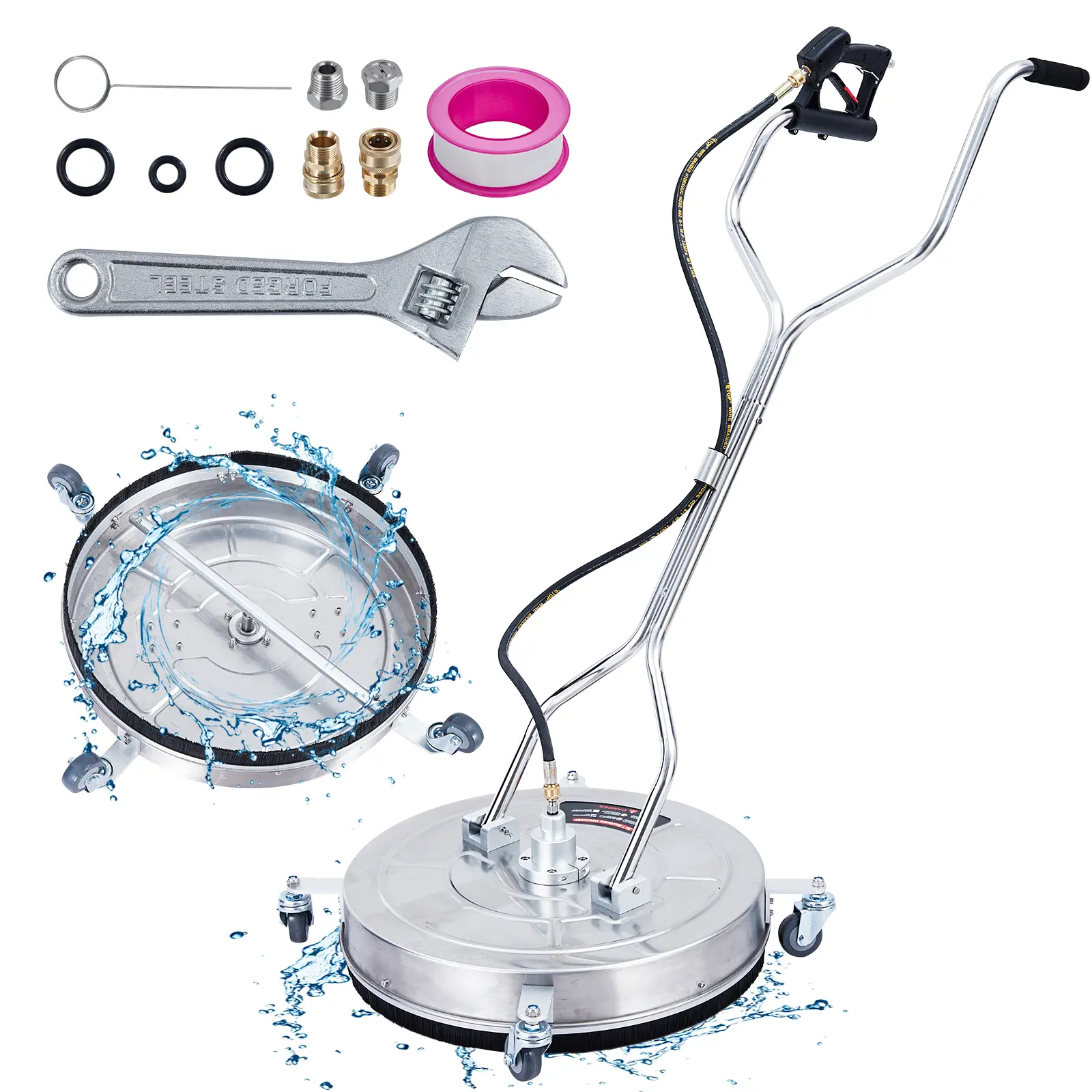 Stainless steel pressure cleaning machine surface cleaner - dual handle and 4 wheels, heavy-duty, 4000 PSI, professional for cleaning concrete, yards, sidewalks, decks, lanes, floors