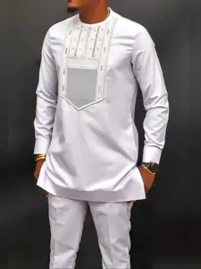 Men's Kaftan Set African Style Long Sleeve Embroidered Round Neck Shirt & Casual Pants, Muslim Traditional Clothing for Festivals Weddings