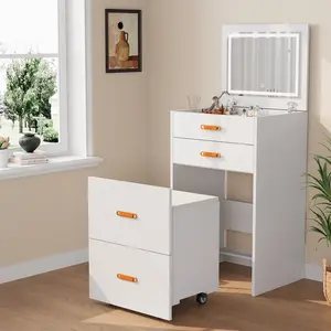 Small Makeup Vanity Desk with Mirror and Lights, 3-in-1 Compact Vanity Set, Nightstand, Dressing Table with Adjustable 3-Light Mode Storage Rolling Chair for Girls Small Room, Bedroom
