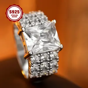 925 Sterling Silver Ladies' Ring, Light Luxury Fashion, Princess Square Cut Design, Multi-row Full Setting Of 5A Zirconia, Suitable For Daily Wear, Engagement Ring, Party, As A Gift For Girlfriend.