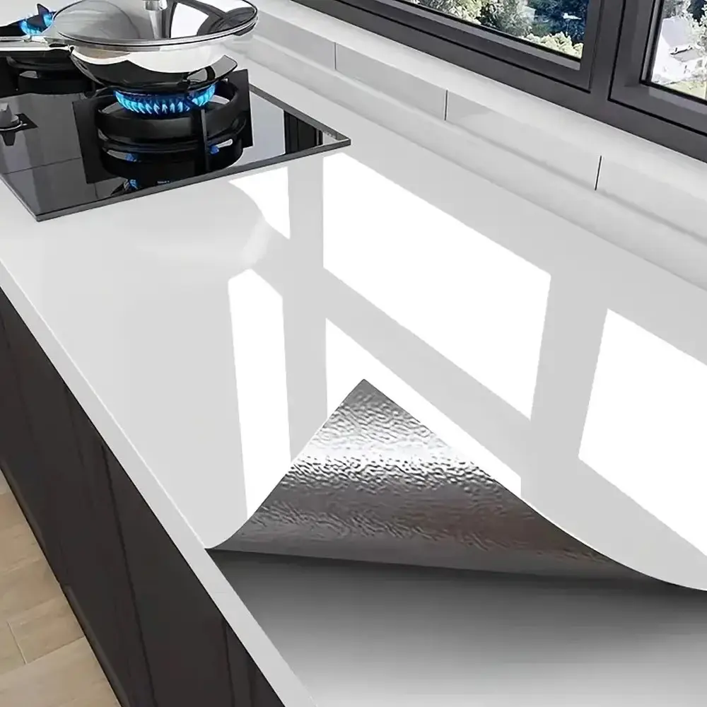 Thick Glossy Countertop Fireproof Self-Adhesive High-Temperature Resistant Wallpaper, Waterproof Oil-Resistant Sticker for Kitchen Bathroom Desktop Cabinet