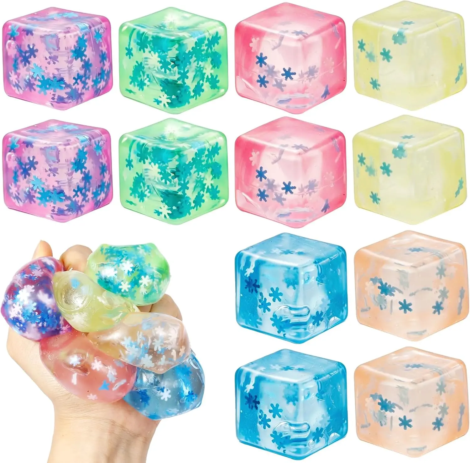 12 Pack Ice Cube Stress Balls with Snowflakes - Slow Rising Fidget Toys for Kids Adults, Sensory Stress Relief Toys, Classroom Prize Box & Party Favors