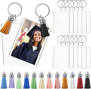 24 piece rectangular acrylic frame keychain tassel set, including 12 frame keychains and 12 DIY tassel keychains. Insert blank picture keychain as a gift