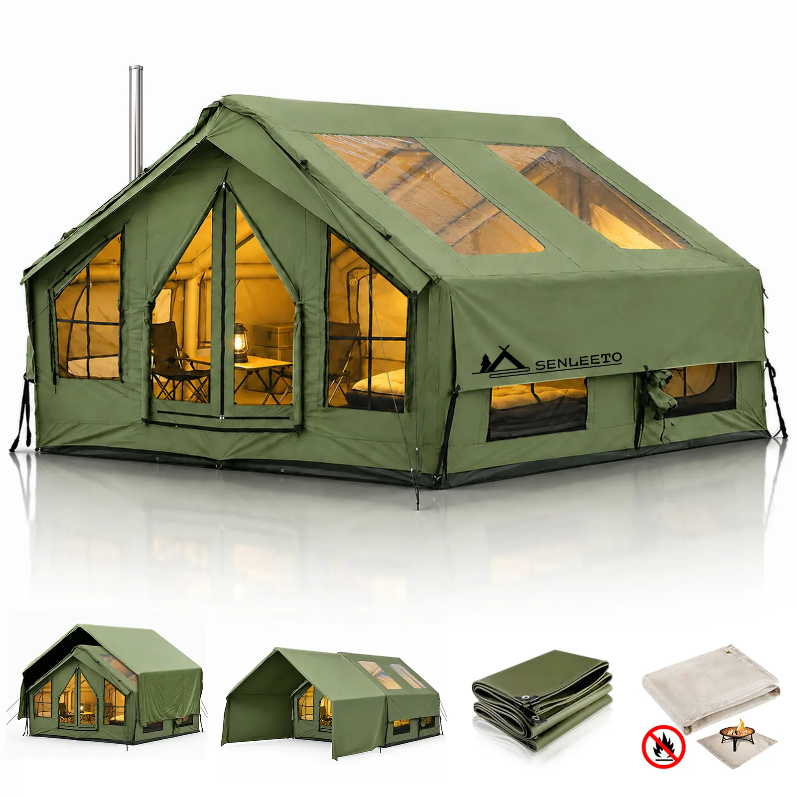 SENLEETO Instant Inflatable Cabin Tent for 5-8 Person - Easy Quick Setup Blow Up Camping Shelter with AC Port, 420D Waterproof Oxford, Windproof Heavy Duty Glamping Air Tent with Skylight, Warm, 5-8 People, Foldable, 420D Oxford