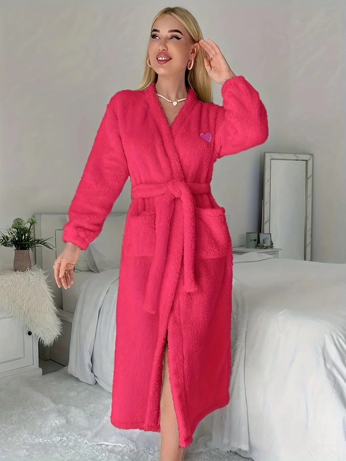 New Spring Autumn Women's Loose Plush Long Robe with Belt and Heart Embroidery, Thick Warm Home Wear Bathrobe, Solid Color Pajamas, Loungewear, Homewear