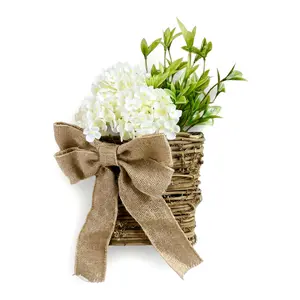 Rustic Woven Basket with White Hydrangeas | Spring Porch Refresh | Burlap Bow Door Decor Decoration
