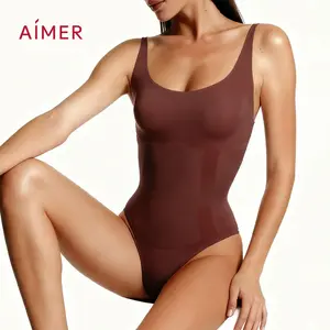 AIMER Sculpting Bodysuit Shapewear for Women Seamless Slimming Compression All-in-One Lightweight Breathable Soft Fabric Adjustable Convertible Straps Comfortable Fit Under Dress Essential Basic Minimalist Brown Malt Fashion