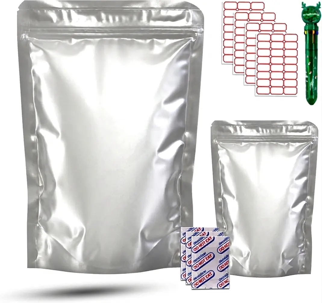 Renexas Mylar Food Storage Bags (50 Pcs: 25 1-Gal, 25 1-Qt) with Oxygen Absorbers, Airtight Resealable Foil Containers, Reusable Ziplock Pouches for Long-Term Home Storage