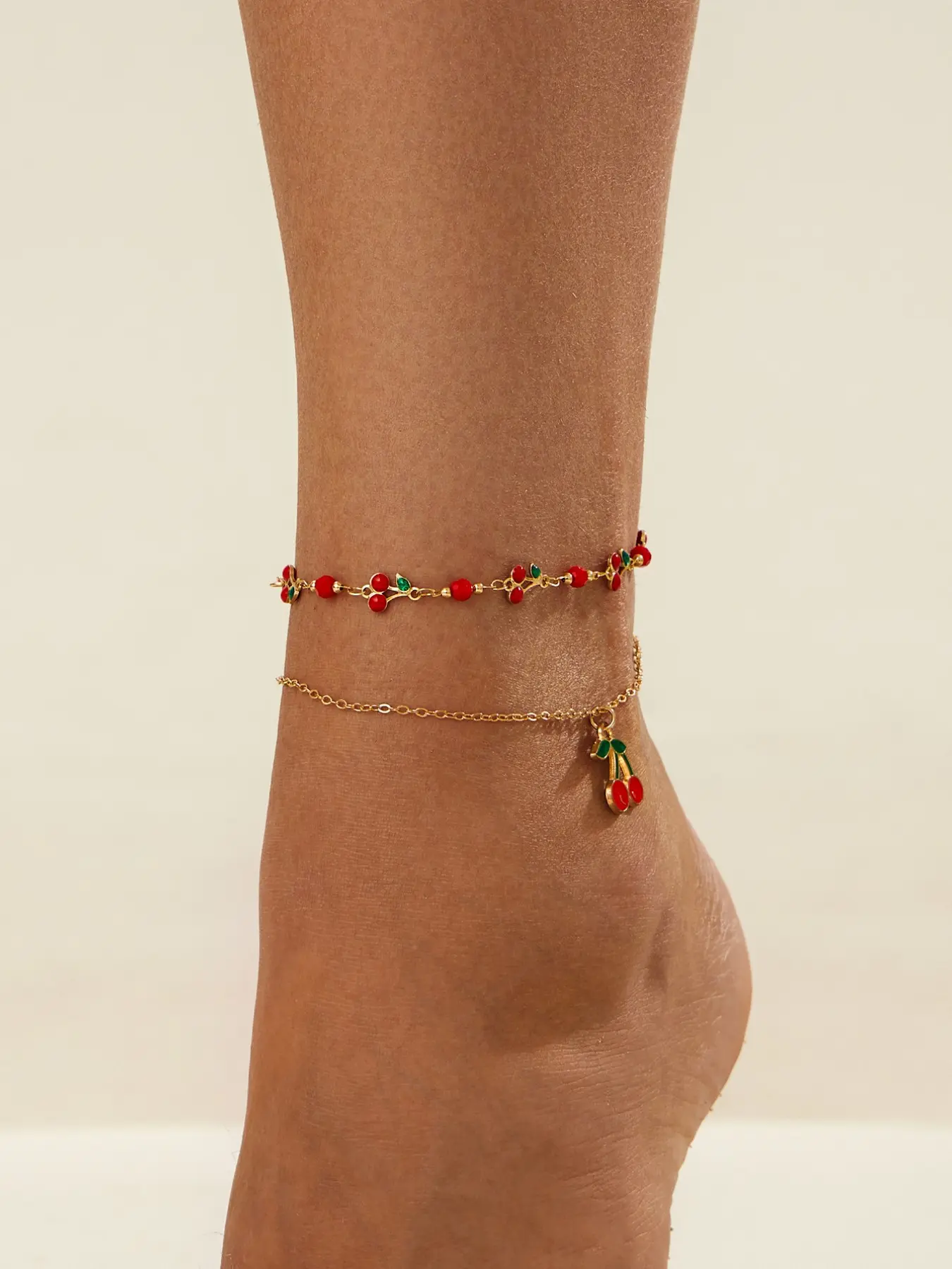 Beaded Multi-Layer Anklet Set, Cherry Design, Cute Style, Zinc Alloy Material, Spring Summer Fashion Accessory, Wearable Jewelry, Fashionable Jewelry Accessories