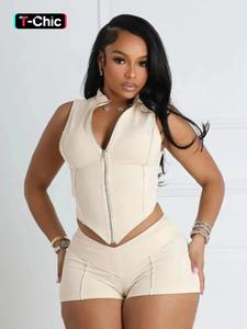 two-piece set women's slim solid crop tank sleeveless top & skinny shorts, casual fashion cozy outfits for daily outdoor wear, ladies summer clothes, cropped essential sets, matching sets, womenswear
