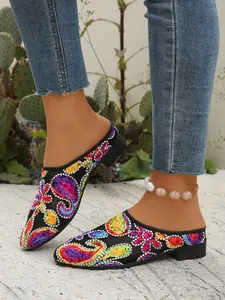 Women's Fashionable Embroidered Pattern Mule Shoes, Casual Comfortable Pointed Toe Slip on Shoes for Daily Wear, Boho Style Shoes for Women, Girl