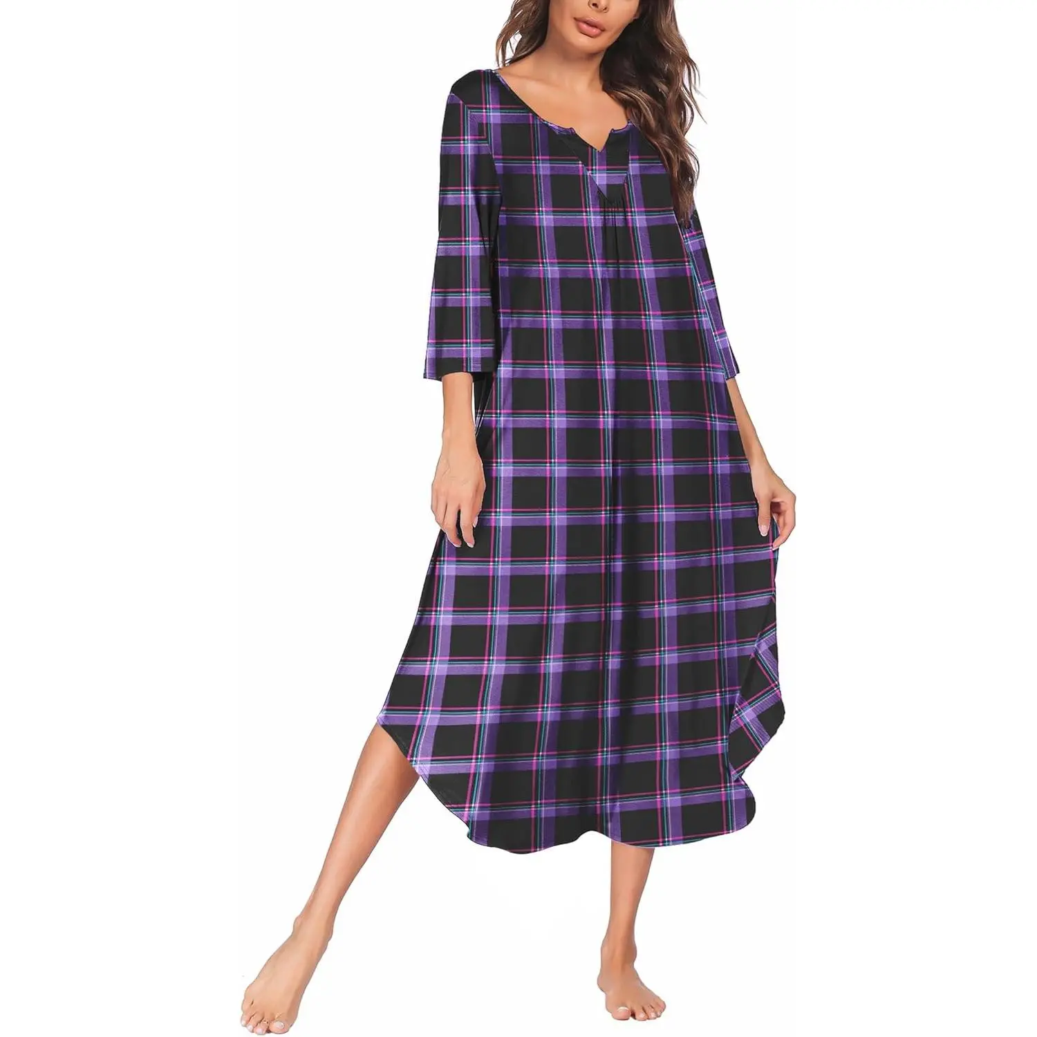Women's 3/4 Sleeves Plus Size Maxi Nightgown, Full Length Loungewear Sleep Dress for Indoor Recreation, Maxi Sleep Dress