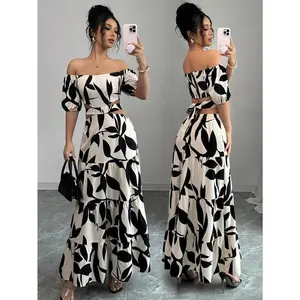 Women Off Shoulder Tie-Up Hollow Out Vacation Dress (Asymmetrical Floral Print) Casual Fabric Summer Fit Sleeve Womenswear Apricot Shortsleeve