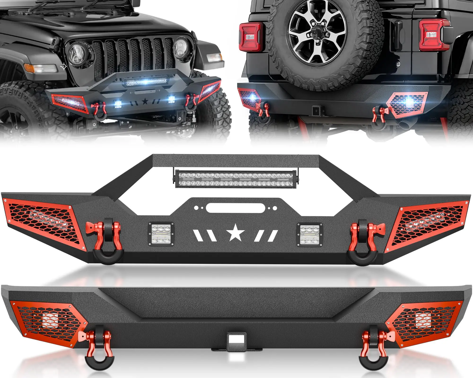 【EYOUHZ】Front & Rear Bumpers Car Accessories for 2018-2026 Jeep Wrangler JL JLU Unlimited 2/4 Doors, Vehicle Carbon Steel Paintable Armor with 7 LED Lights, Winch Plate, 2" Hitch Receiver, D-rings, Powder Coat Led Lighting, 2" Hitch Ready