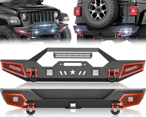 【EYOUHZ】Front and Rear Bumpers Compatible with 2018-2026 Jeep Wrangler JL JLU Unlimited 2/4 Doors with 7 x LED Lights, Winch Plate, 2" Hitch Receiver & D-rings, Paintable Armor