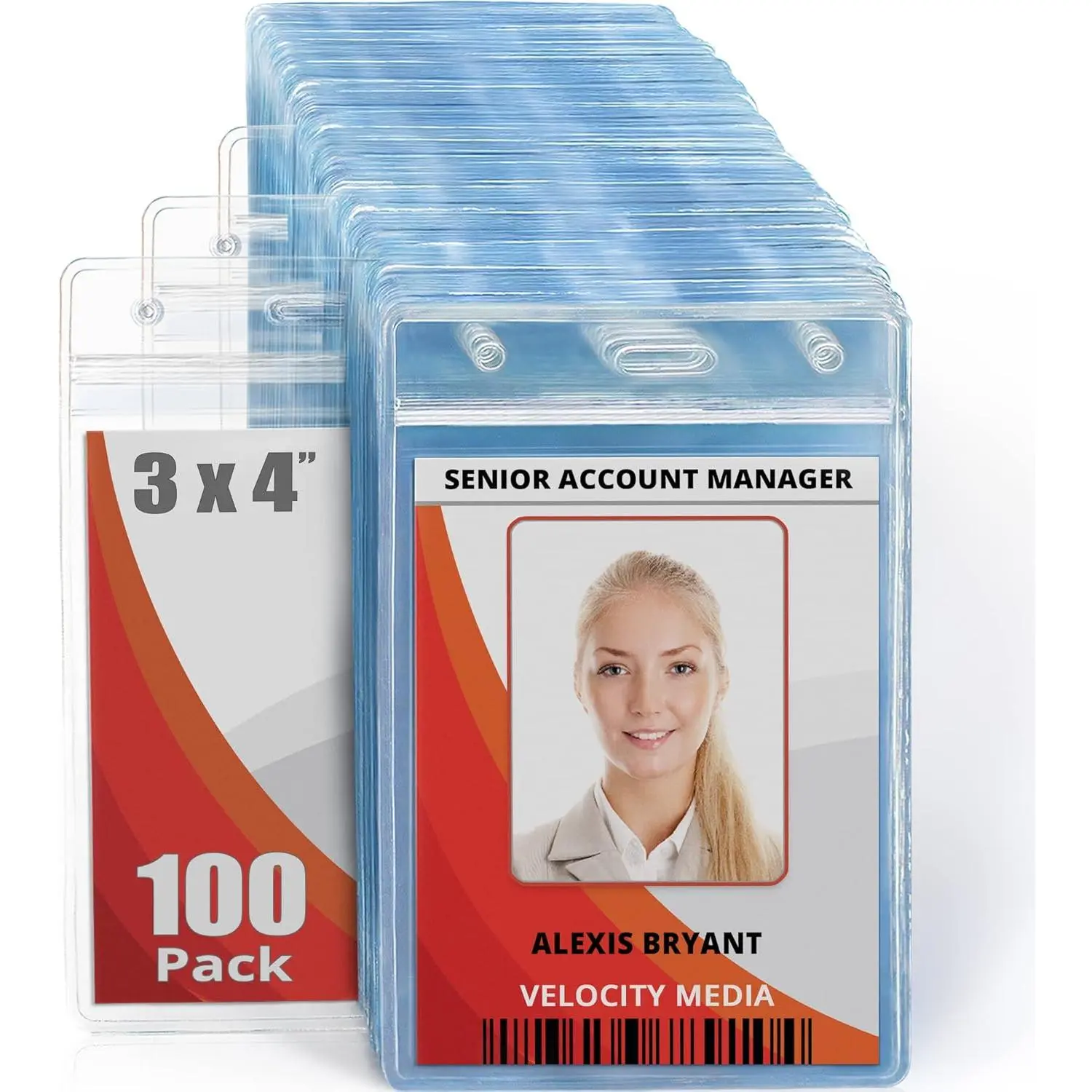 Large (L) Vertical ID Badge Holders (Clear, 3x4 inch, 100 Pack), Plastic Nametag Covers with Zipper, Name Tag Holder
