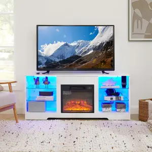 58 Inch Modern Electric Fireplace TV Stand, MDF Television Console with LED Light Glass Shelves, USB Charging Port Storage Entertainment Center Fits 50-59 Inch TV for Living Room Home Decor