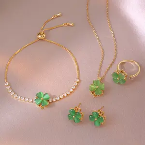 5PCS Green Jewelry Set for Women, Trendy Style Set Series Rotating Four-leaf Flower Earrings Simple Fashion Rotating Jewelry