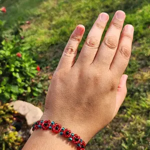 Lunamiaa Handmade Red Flower Bracelet - Beaded Design with Charming Fairy - Size Inclusive & Tarnish Resistant Jewelry