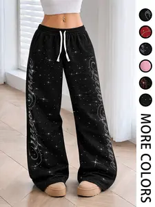 Women's Casual Loose Straight Leg Pants Bottom, Drawstring Adjustable, Star Letter Embellished with Rhinestones, Fashionable, Aesthetic and Shiny