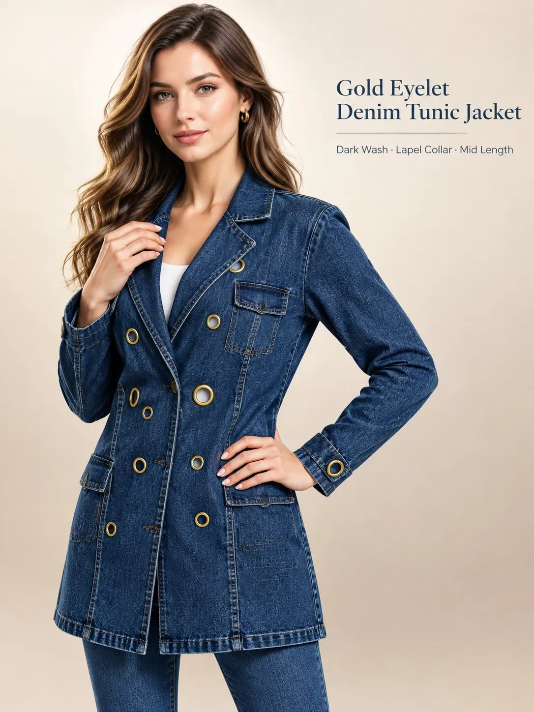 Women's Chic Dark Wash Denim Tunic Coat - Elegant Eyelet Decor, Bella Hadid-Inspired Style, Fit, Casual, Comfortable for Day Wear