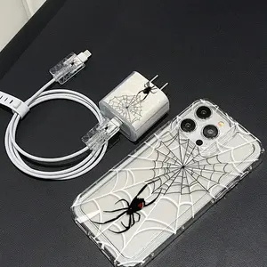 Spider Web Pattern Phone Case with Charger Saver & Cable Protector & Storage Rope, Anti-drop Cellphone Protective Case, Total Protective Shockproof Mobile Phone Cover for iPhone, Casing, Spider Web Design, Shockproof Tpu Cover, Tpu Smartphone Cover
