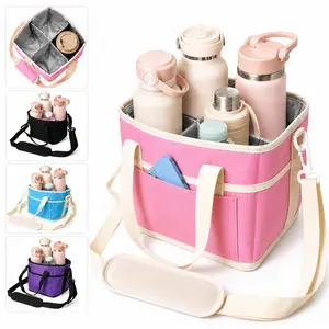 4 Compartment Insulated Drink Carrier Bag, Portable Cup Caddy Tote with Adjustable Shoulder Strap & Front Phone Pocket, Reusable Beverage Tumbler Holder for Delivery Services, Picnic, Beach & Camping