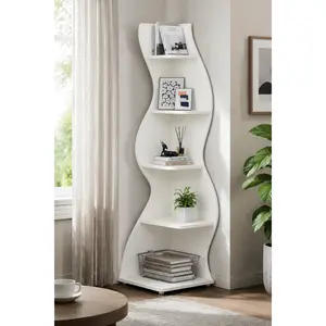 Modern 5 Tier Wall Corner Bookshelf Corner Shelf Stylish Small Bookcase Storage Rack Plant Stand with Unique Shape for Living Room Home Office Ladder Racks Storage Organization