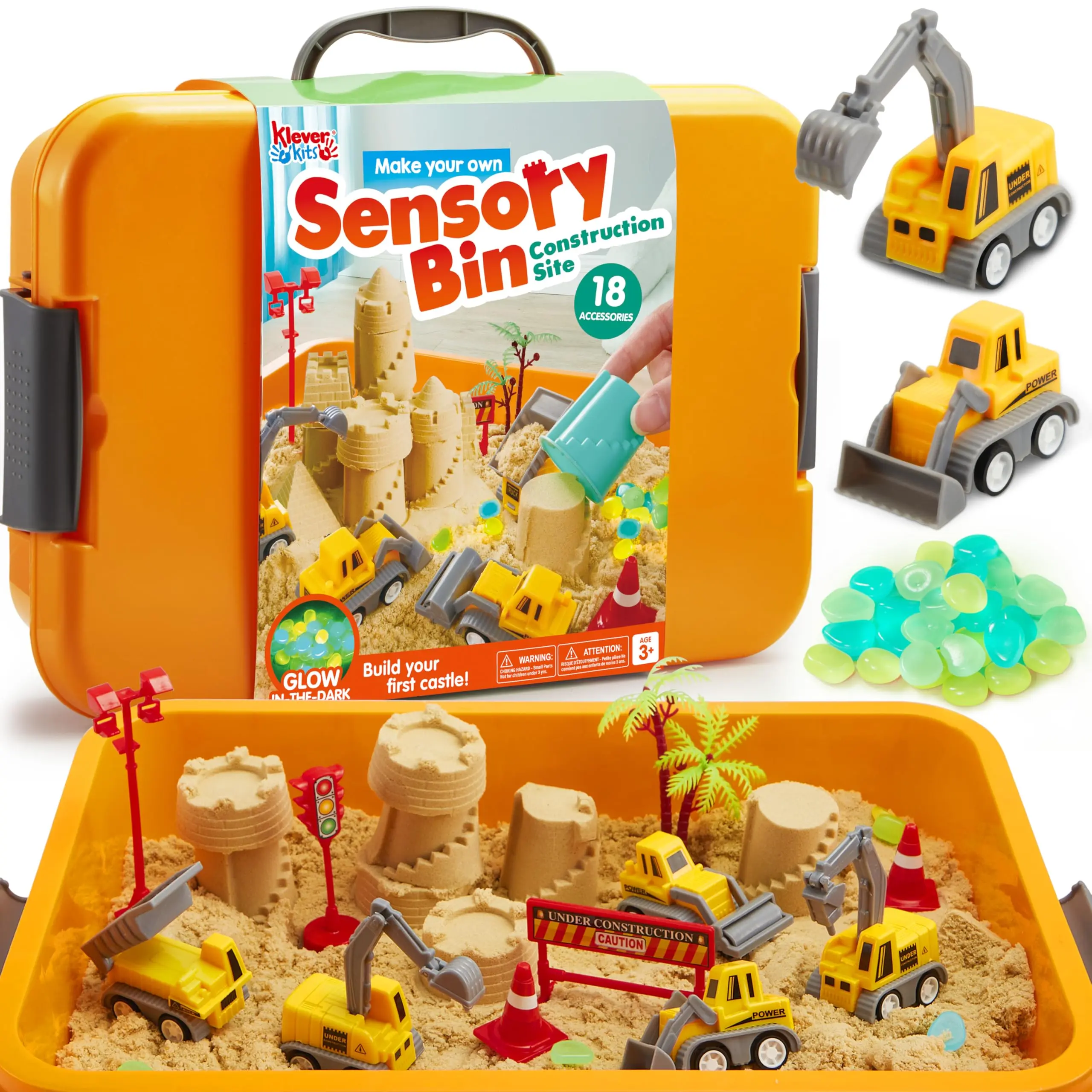 Klever Kits Construction Sensory Bin for Toddlers with Glow in The Dark Stones, Sandbox with Lid Castle Building kit, Preschool Learning Activities Gifts for Boys Girls Age 3,outer space/pet/ Dinosaur/ocean/Witch’s Magic Soup，Halloween gift