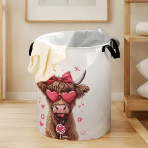 Valentine Heart Cow Print Laundry Basket with Handle, Durable Halloween Foldable Storage Basket, Large Capacity Toy Organizer