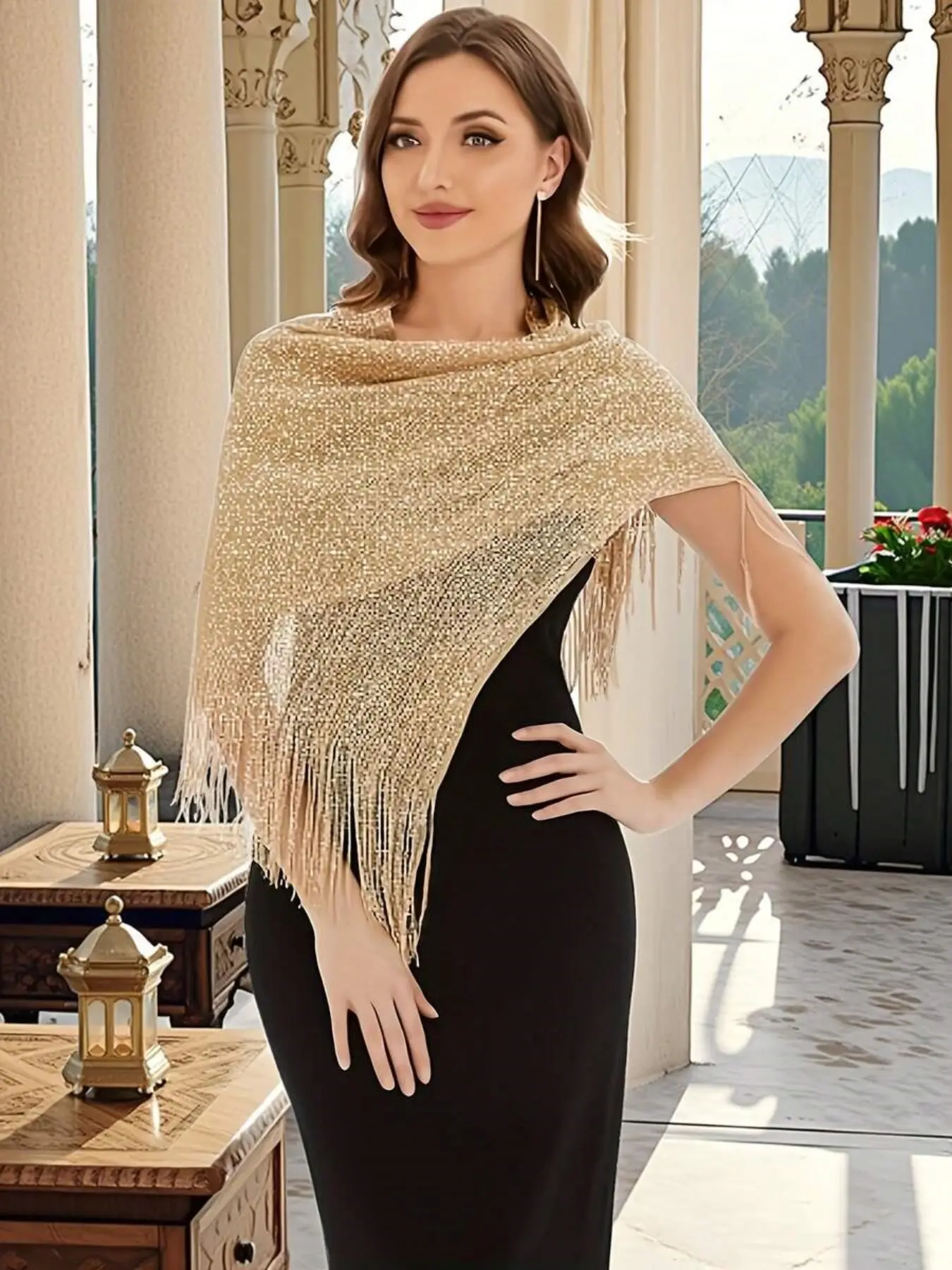 Luxury Fringed Shawl, Trendy Solid Shawl, Fashion Shawl, Versatile Evening Scarf & Wedding Cover Up, Lightweight Metallic Mesh Fabric, Perfect for Prom, Party & Special Occasions