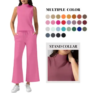 Casly Lamiit Women's 2-Piece Sleeveless Mock Neck Athleisure Set, Light-as-Air Fabric Basic Casual Outfit with Elastic Wide-Leg Crop Bottoms, Ideal for 2026 Summer Vacation Travel, All-Matching Crewneck Womenswear,summervibes outdoorfun